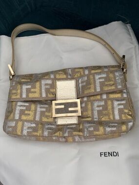 Fendi Metallic Gold Silver and Beige FF Baguette Shoulder Bag
